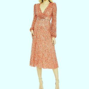 Mac Duggal Coral Sequin Puff Sleeve Wrap Midi Dress